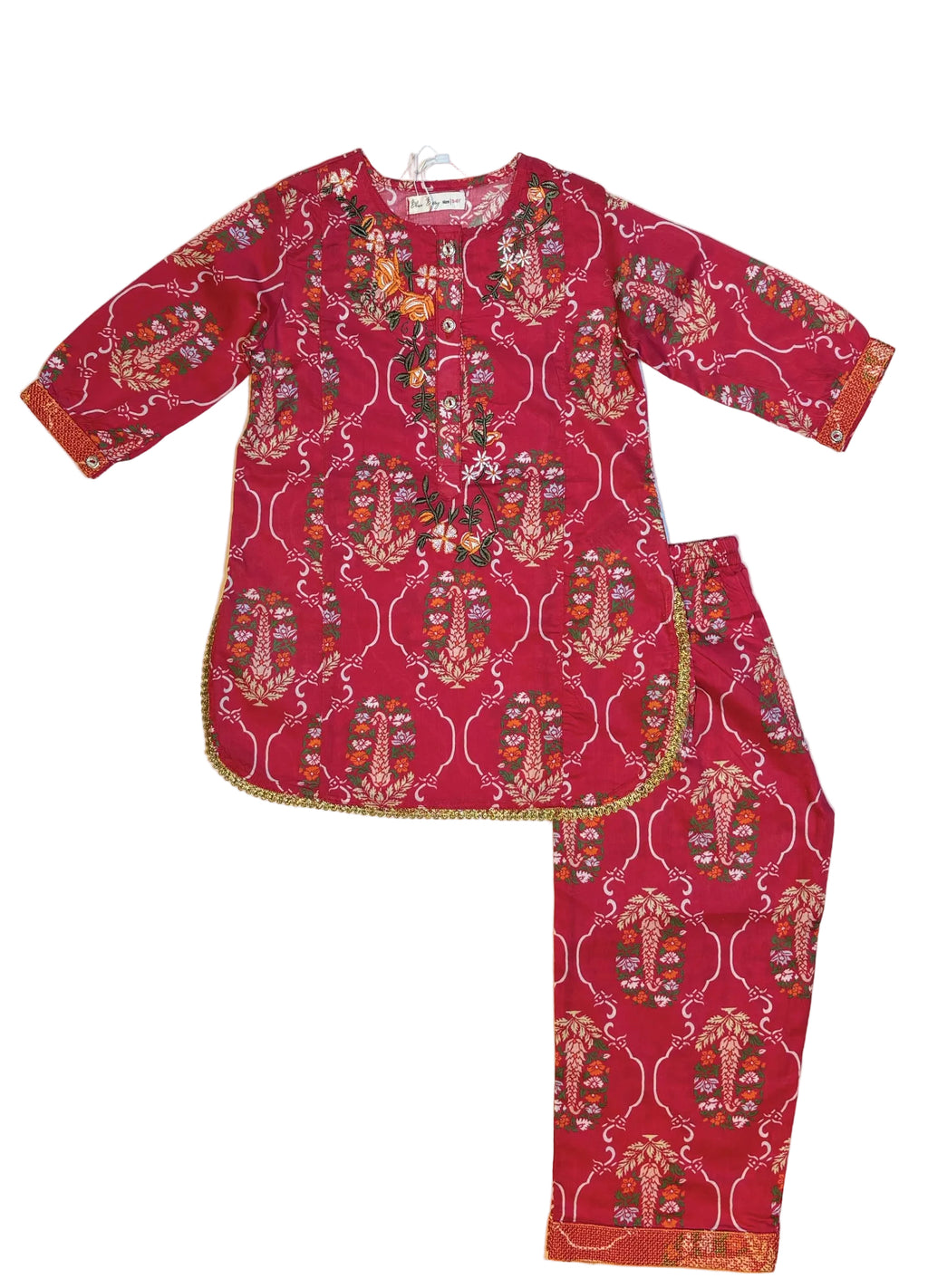 Red Printed & Floral Embroidery Kurti Pajama (2-Piece)