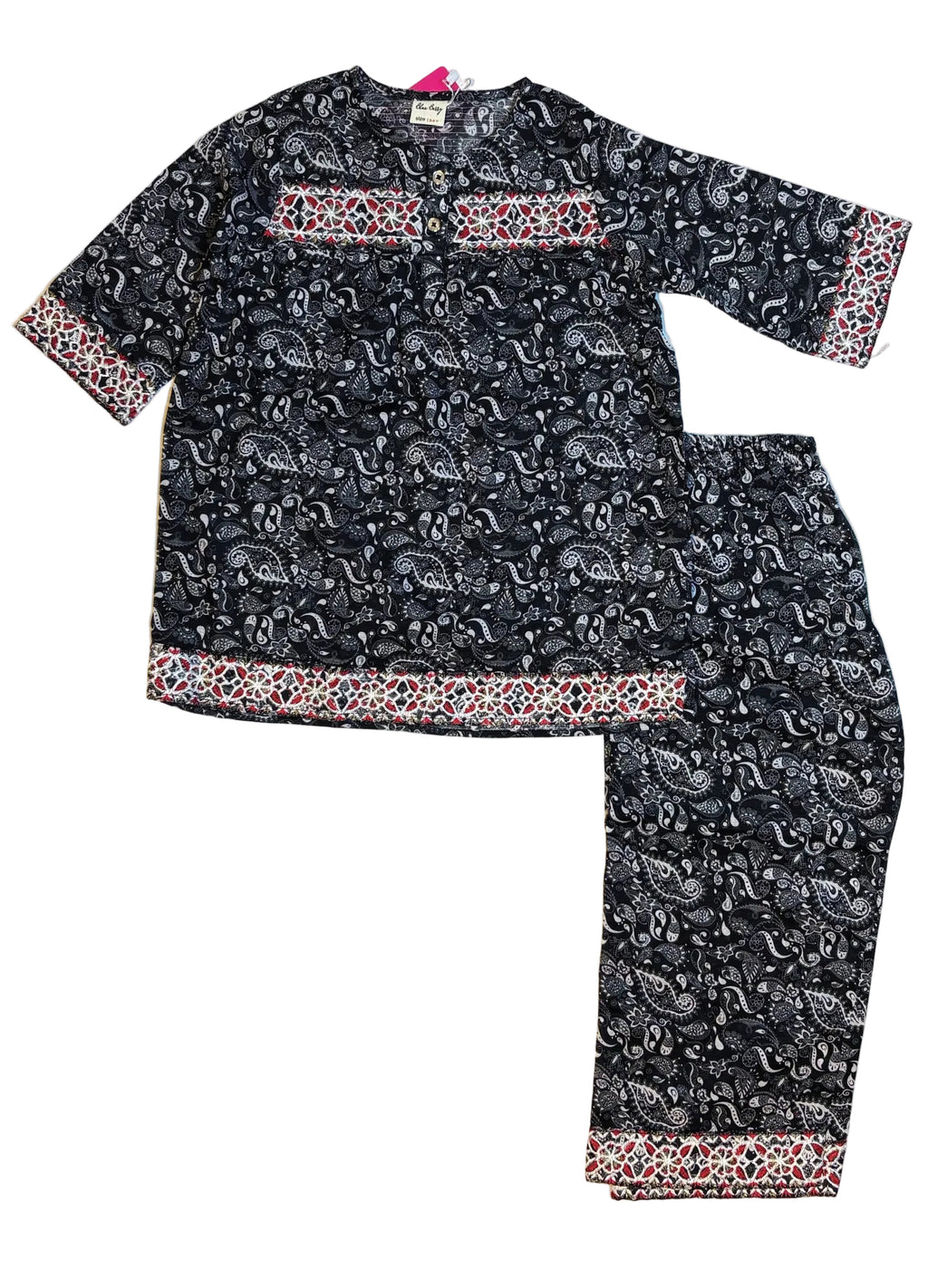 Black Paisley Printed & Embroidery Kurti Pajama (2-Piece)