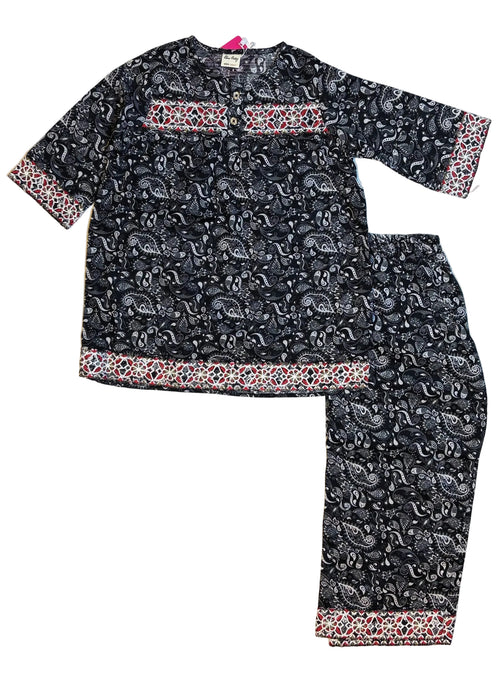 Black Paisley Printed & Embroidery Kurti Pajama (2-Piece)