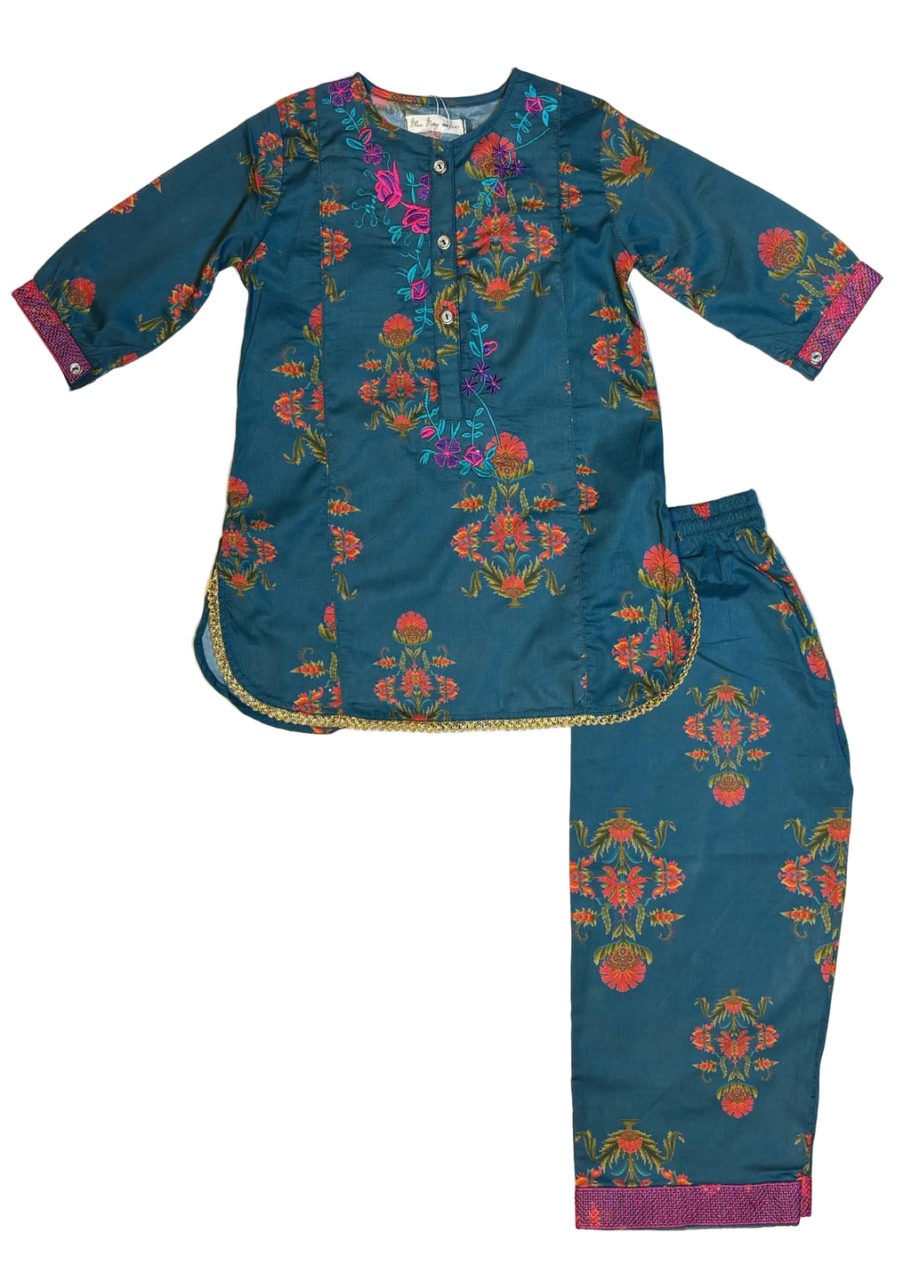 Teal Printed & Floral Embroidery Kurti Pajama (2-Piece)