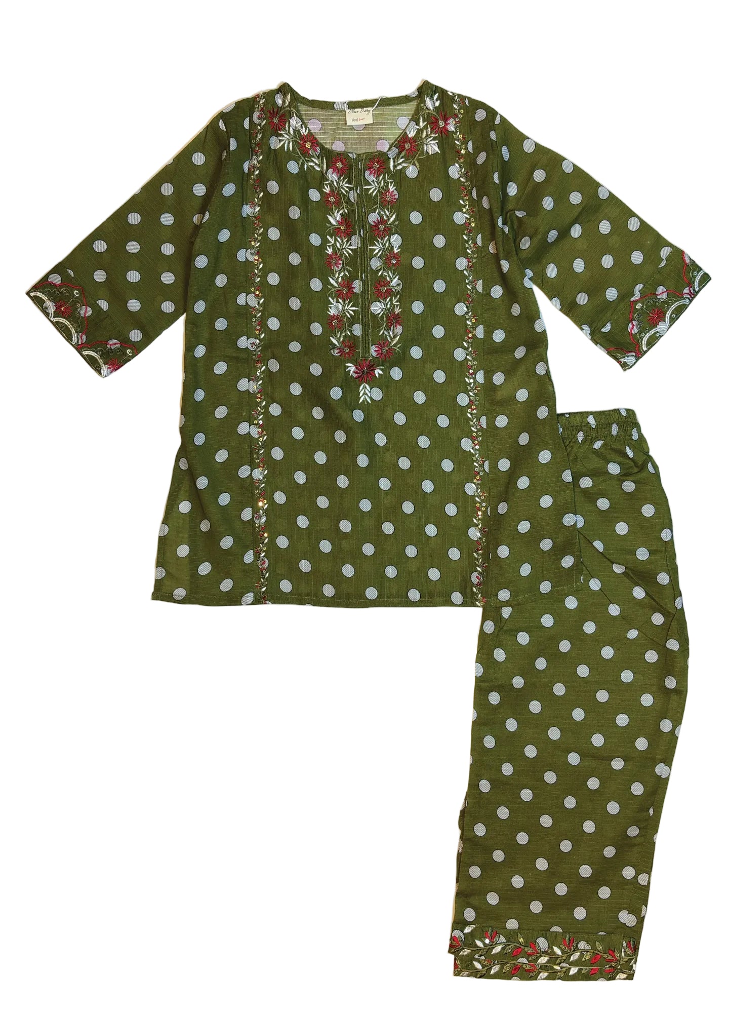Green Polka Dot Printed & Floral Embroidery Kurti Pajama (2-Piece)