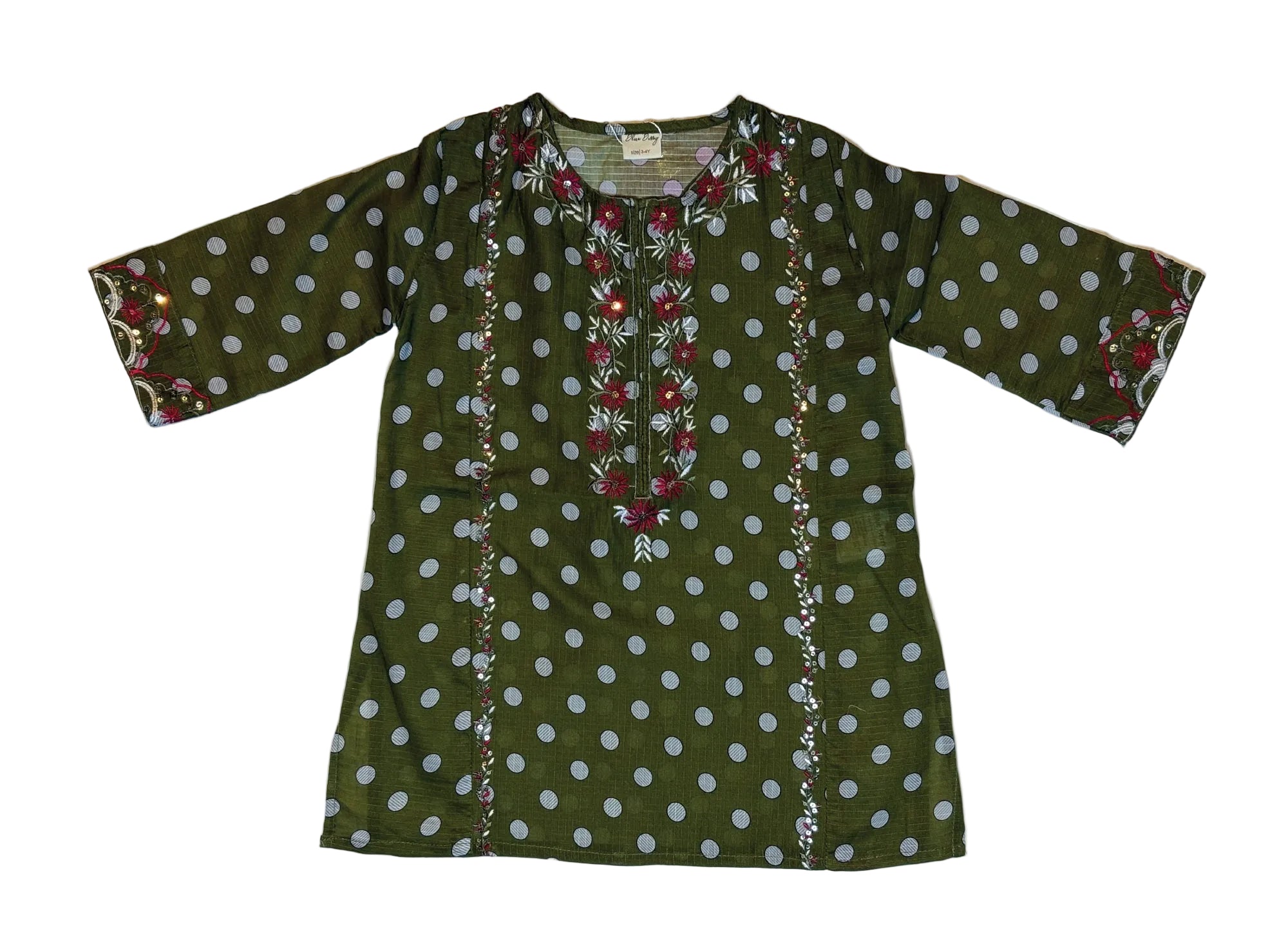 Green Polka Dot Printed & Floral Embroidery Kurti Pajama (2-Piece)
