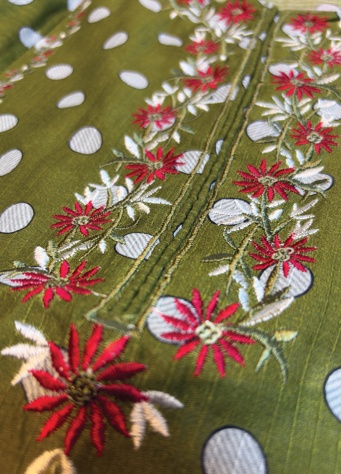 Green Polka Dot Printed & Floral Embroidery Kurti Pajama (2-Piece)