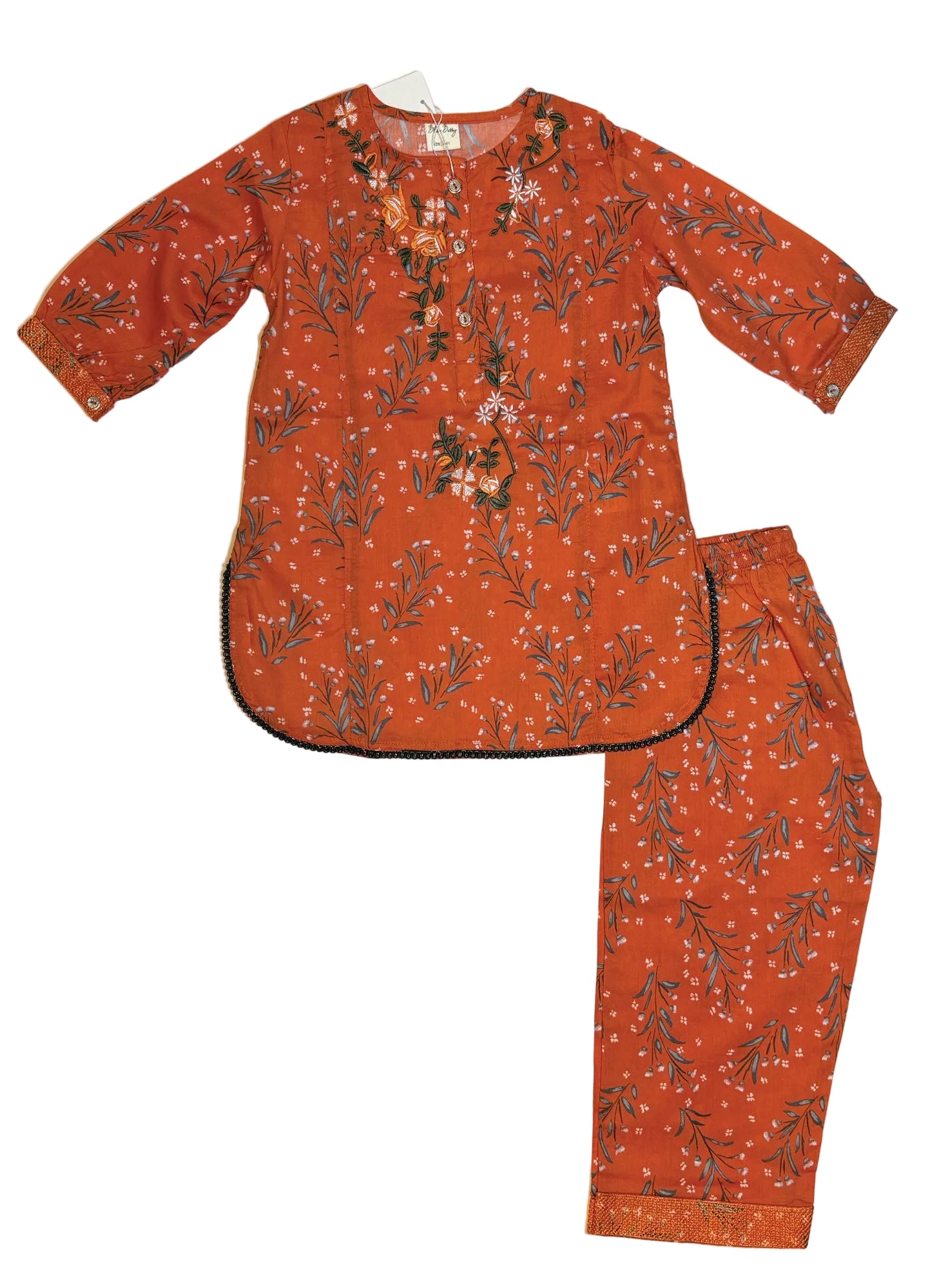 Rust Orange Printed & Embroidery Kurti Pajama (2-Piece)