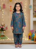 Teal Printed & Floral Embroidery Kurti Pajama (2-Piece)