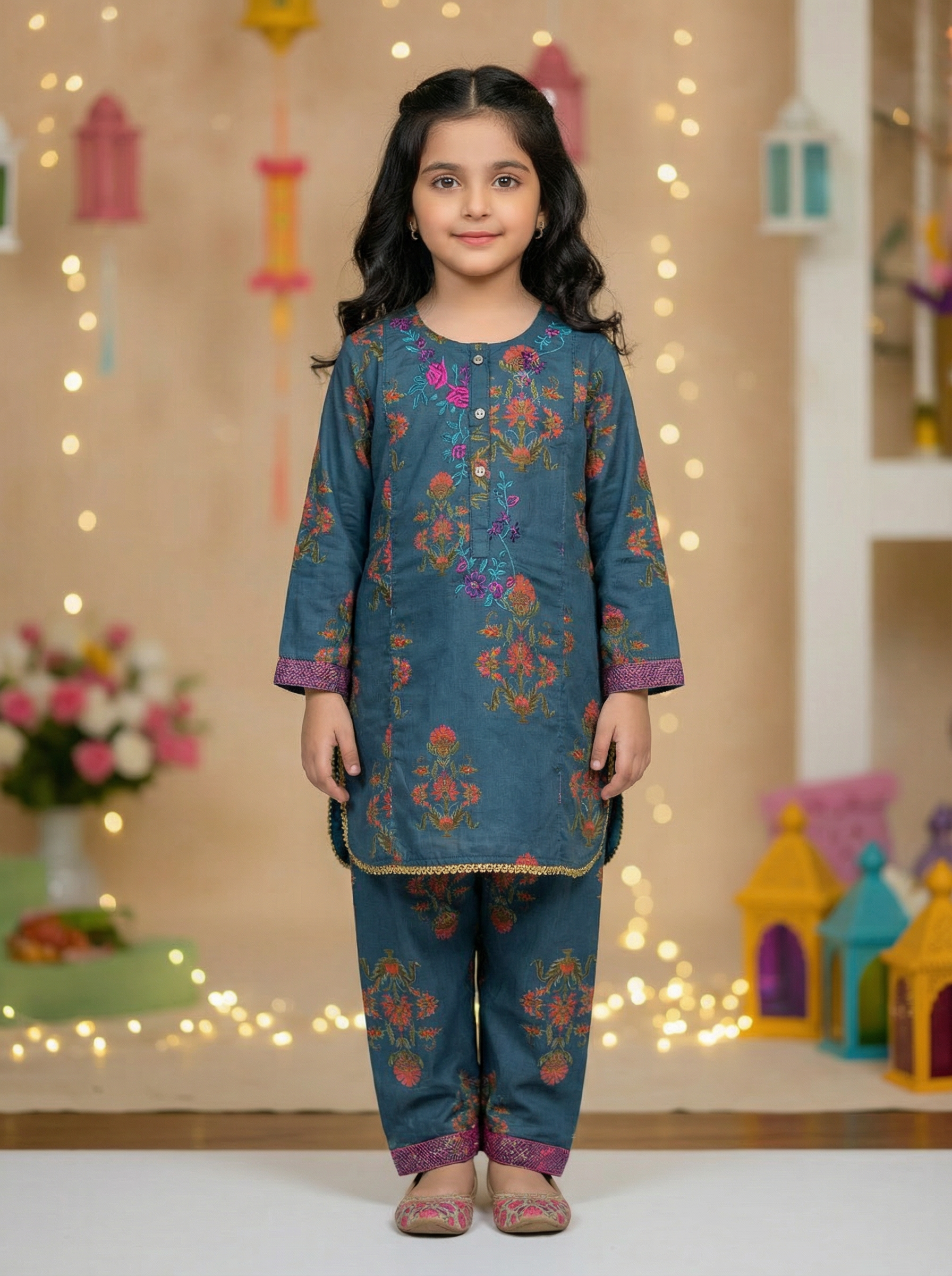 Teal Printed & Floral Embroidery Kurti Pajama (2-Piece)