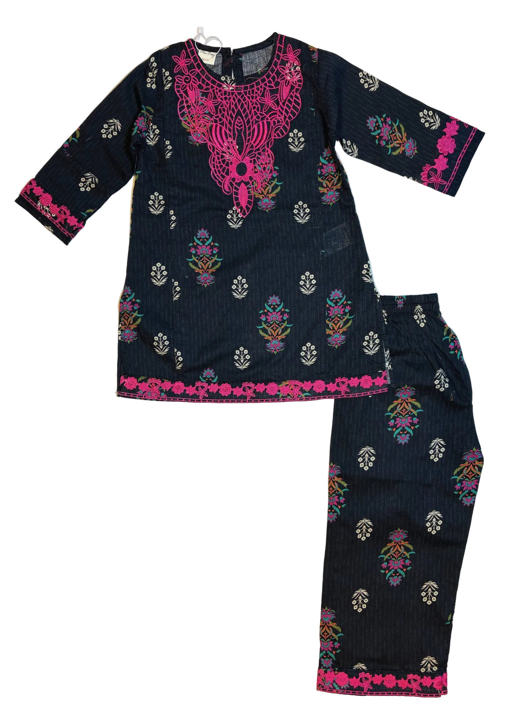 Black n Pink Printed & Embroidery Kurti Pajama (2-Piece)