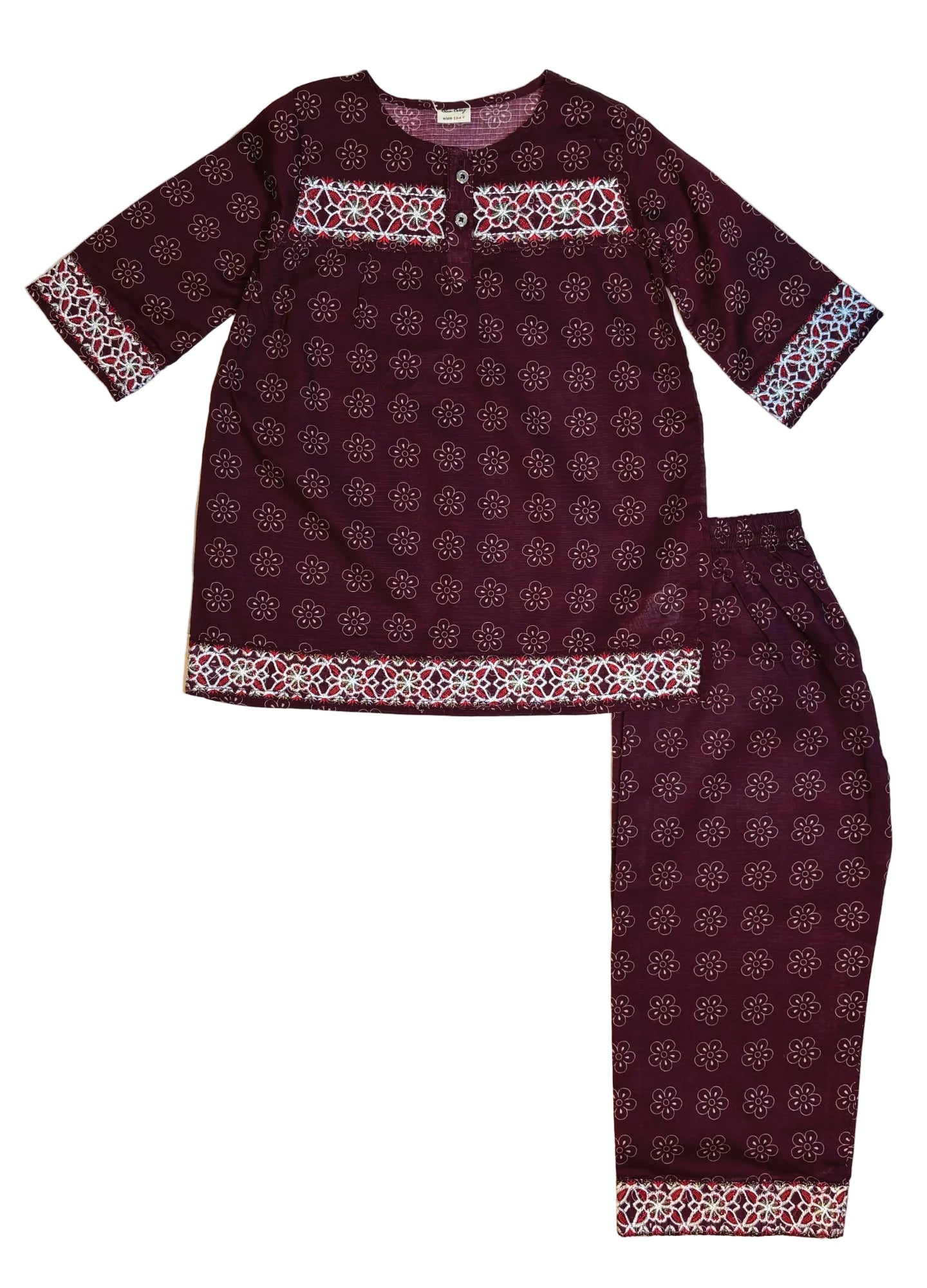 Maroon Printed & Embroidery Kurti Pajama (2-Piece)