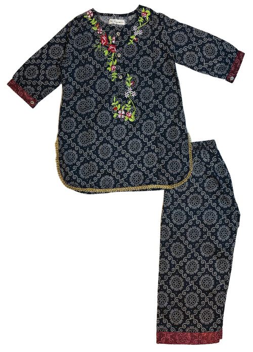 Black Printed & Embroidery Kurti Pajama (2-Piece)