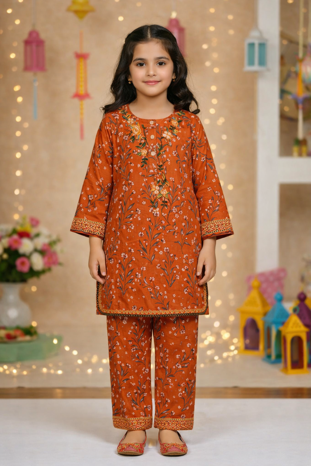 Rust Orange Printed & Embroidery Kurti Pajama (2-Piece)