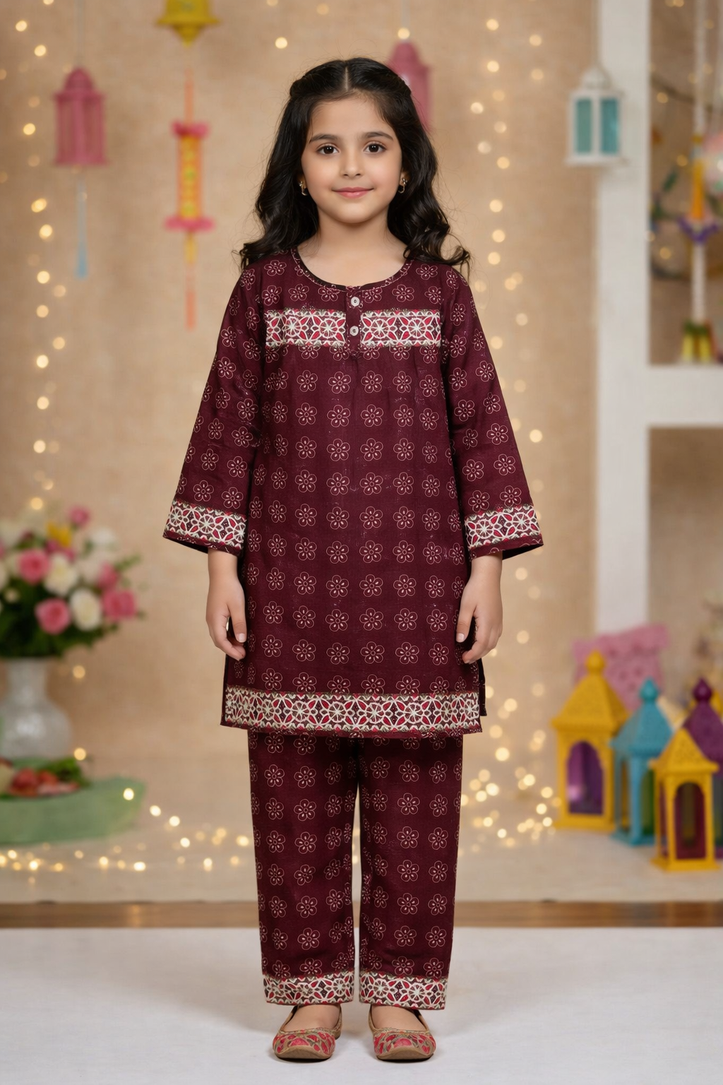 Maroon Printed & Embroidery Kurti Pajama (2-Piece)