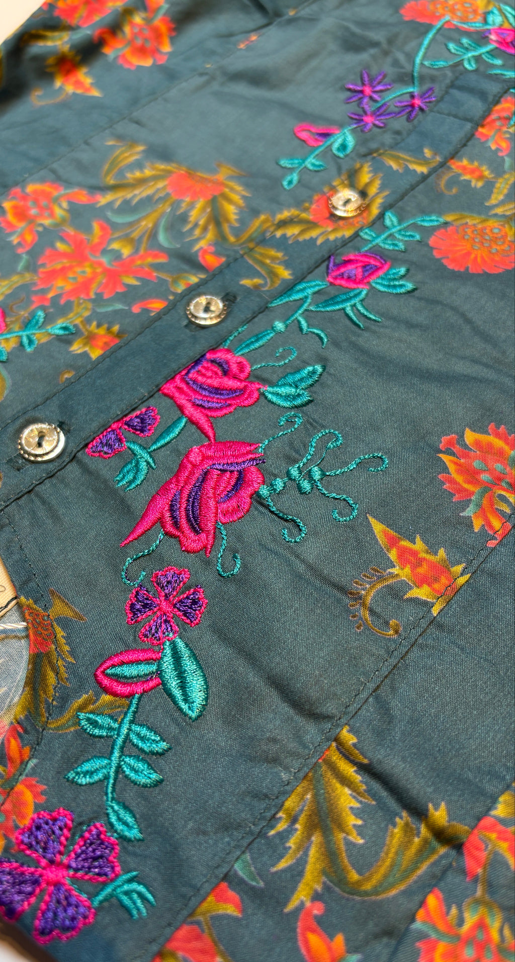 Teal Printed & Floral Embroidery Kurti Pajama (2-Piece)