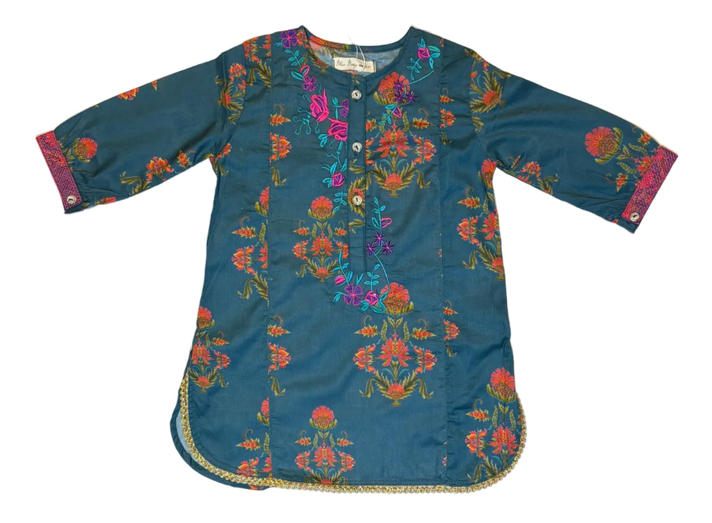 Teal Printed & Floral Embroidery Kurti Pajama (2-Piece)
