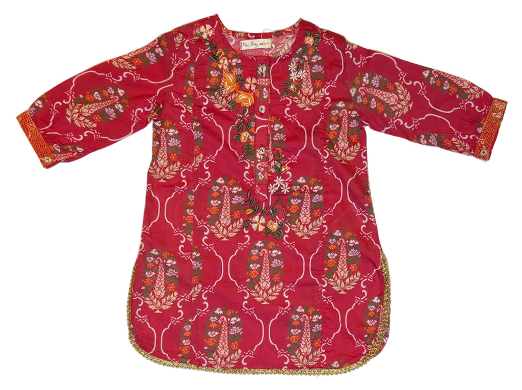 Red Printed & Floral Embroidery Kurti Pajama (2-Piece)