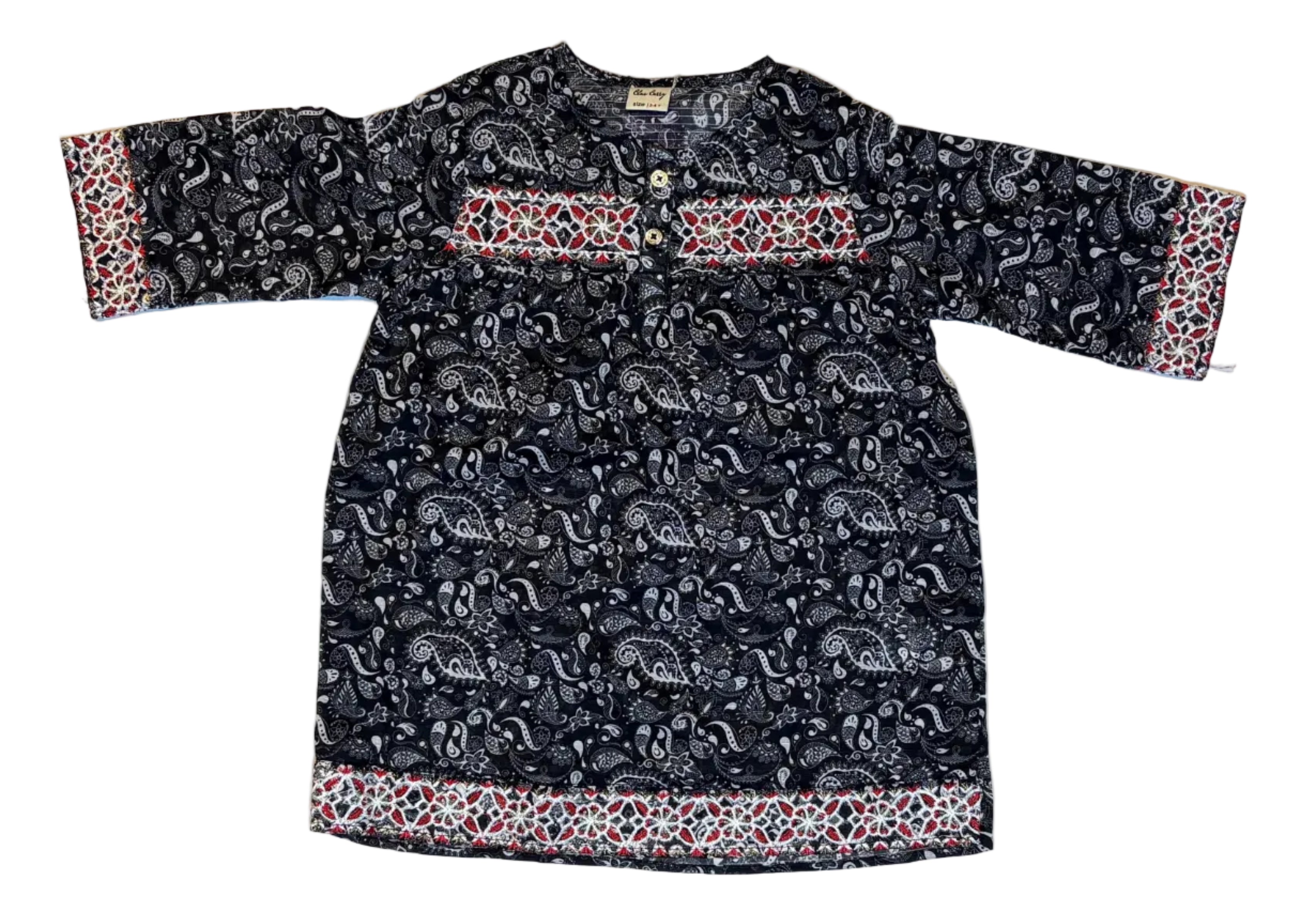 Black Paisley Printed & Embroidery Kurti Pajama (2-Piece)