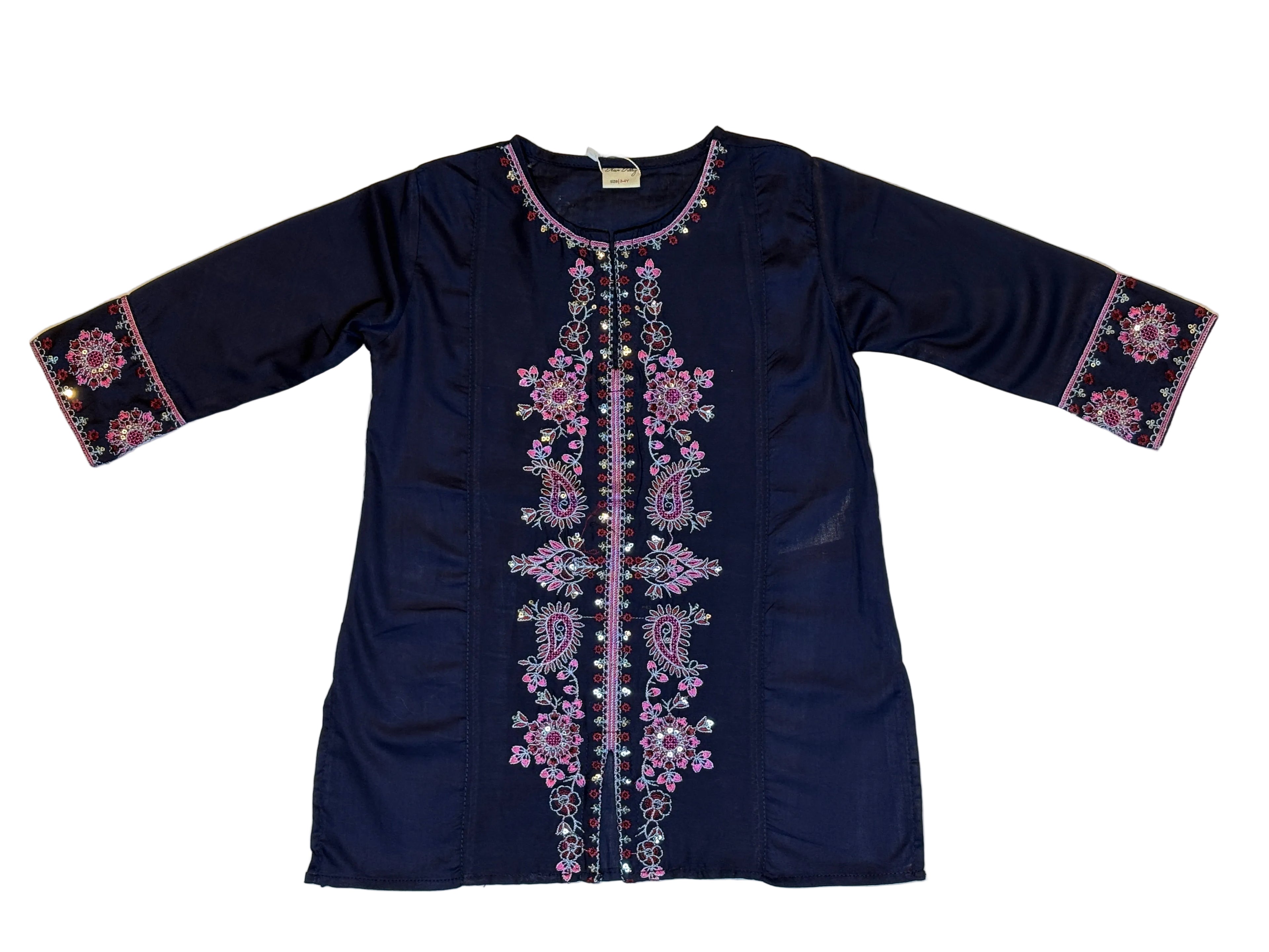 Navy Blue Floral Embroidery Kurti Pajama (2-Piece)