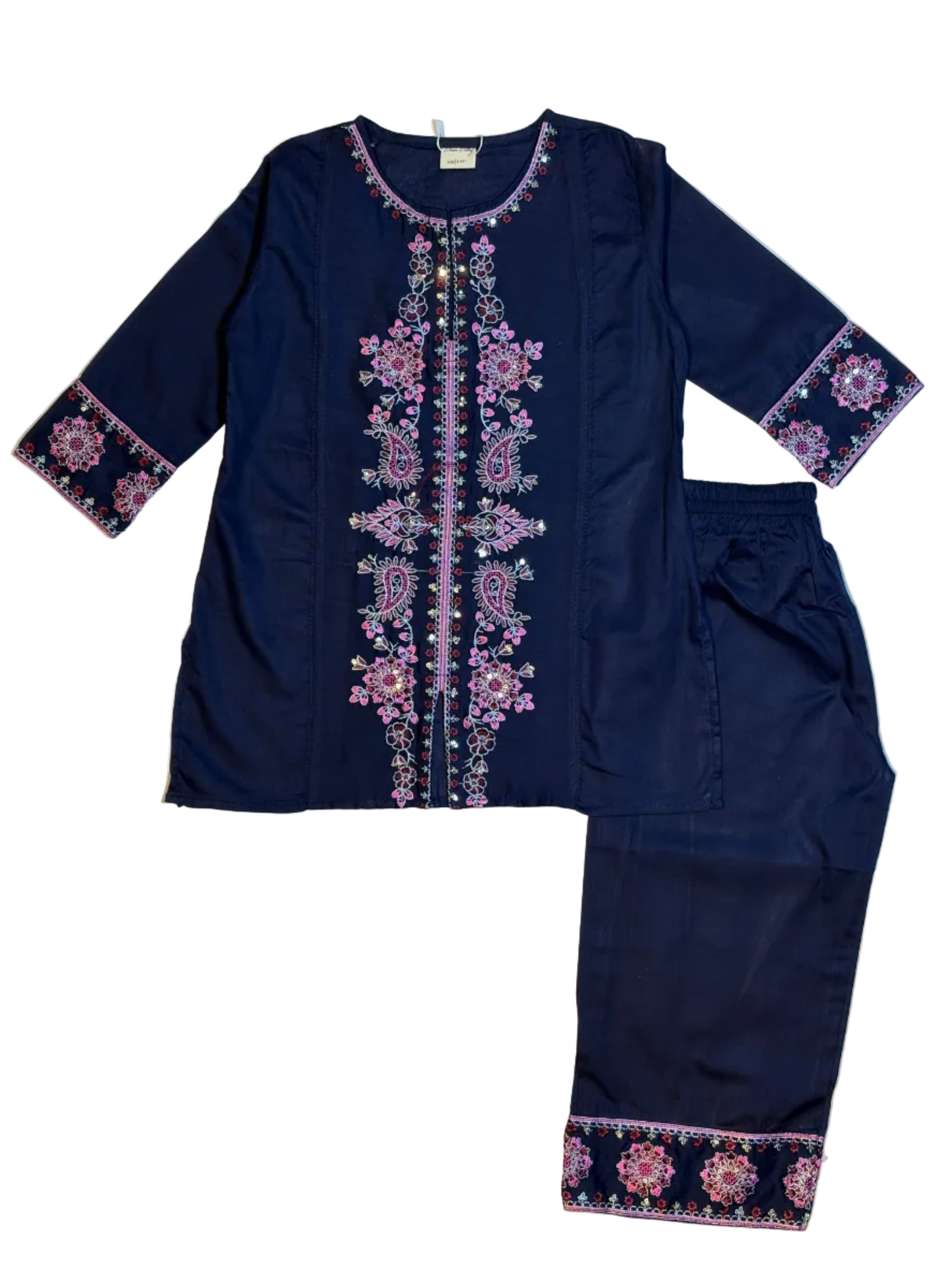 Navy Blue Floral Embroidery Kurti Pajama (2-Piece)