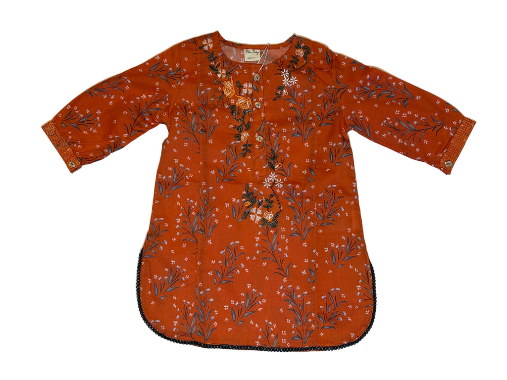 Rust Orange Printed & Embroidery Kurti Pajama (2-Piece)