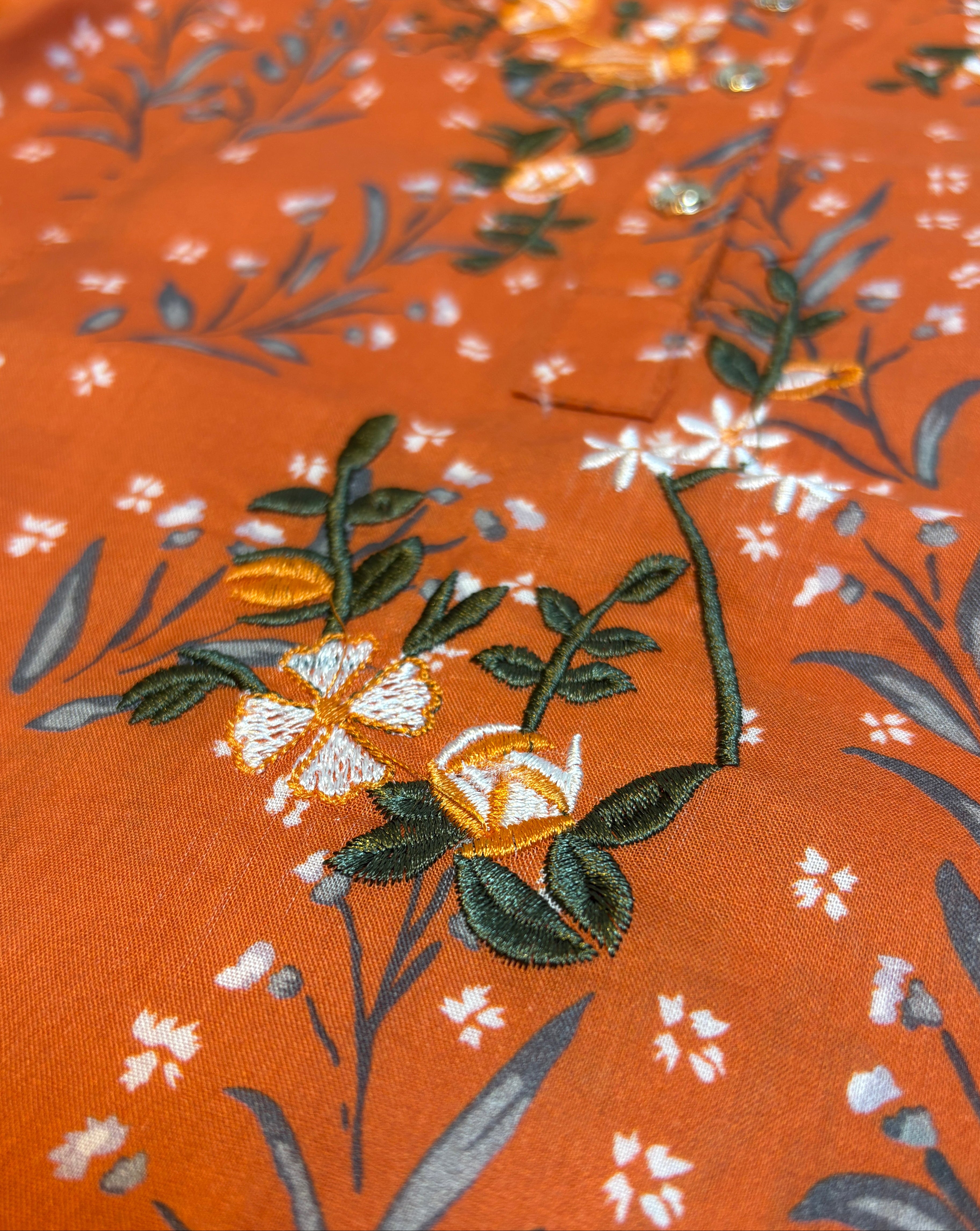 Rust Orange Printed & Embroidery Kurti Pajama (2-Piece)
