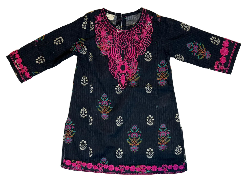 Black n Pink Printed & Embroidery Kurti Pajama (2-Piece)