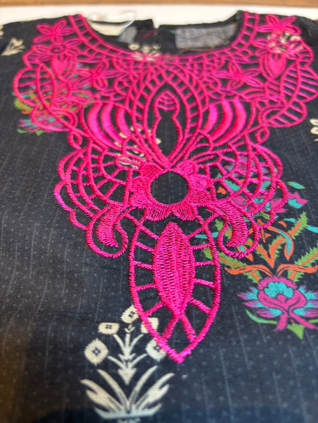 Black n Pink Printed & Embroidery Kurti Pajama (2-Piece)