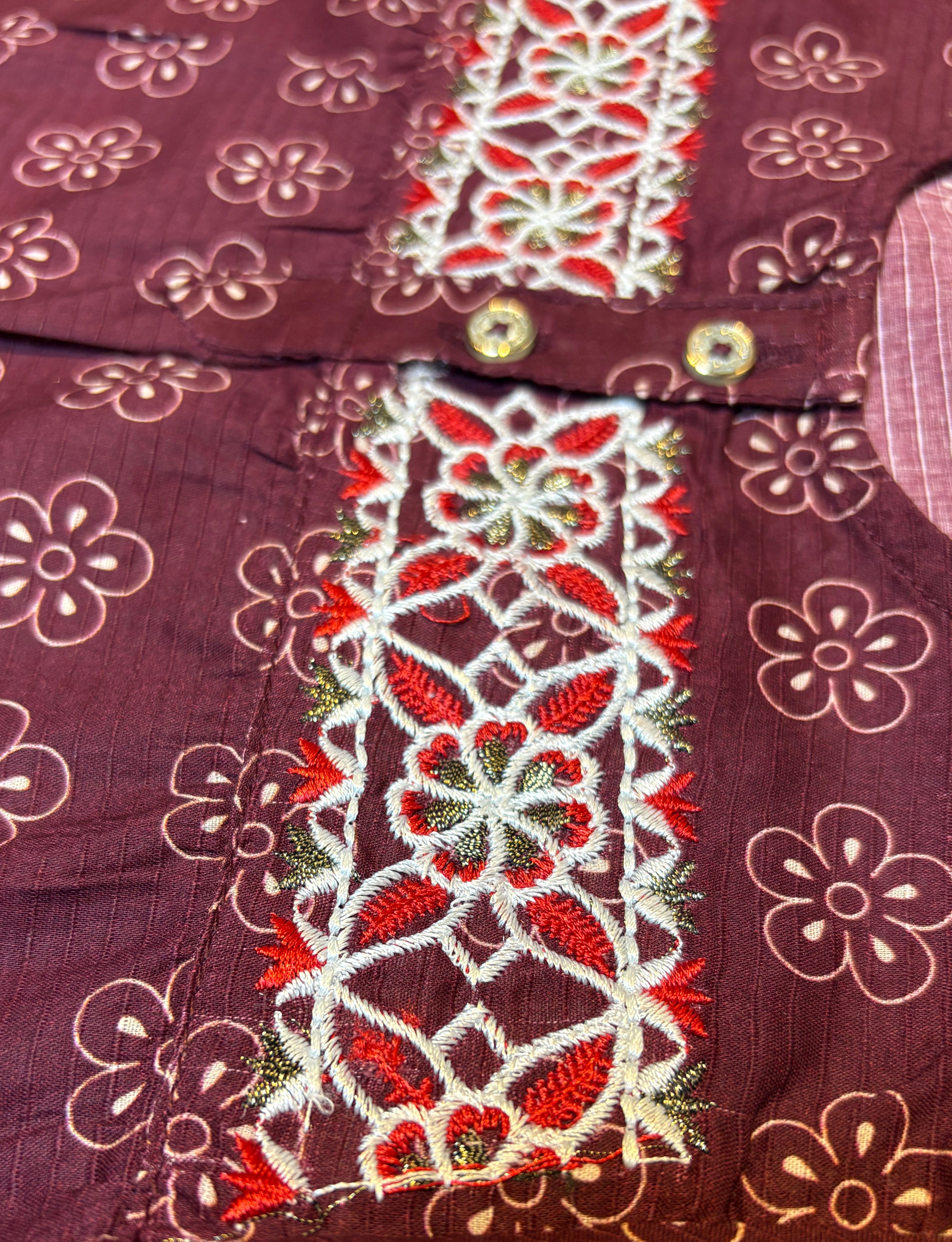 Maroon Printed & Embroidery Kurti Pajama (2-Piece)