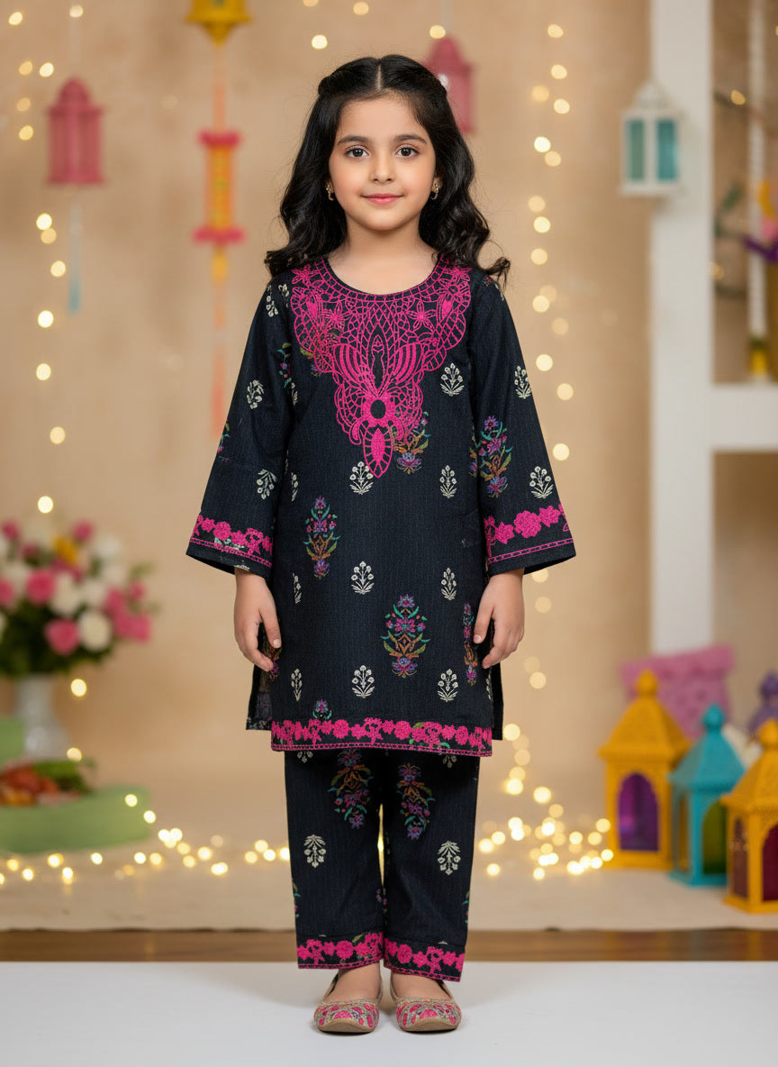 Black n Pink Printed & Embroidery Kurti Pajama (2-Piece)