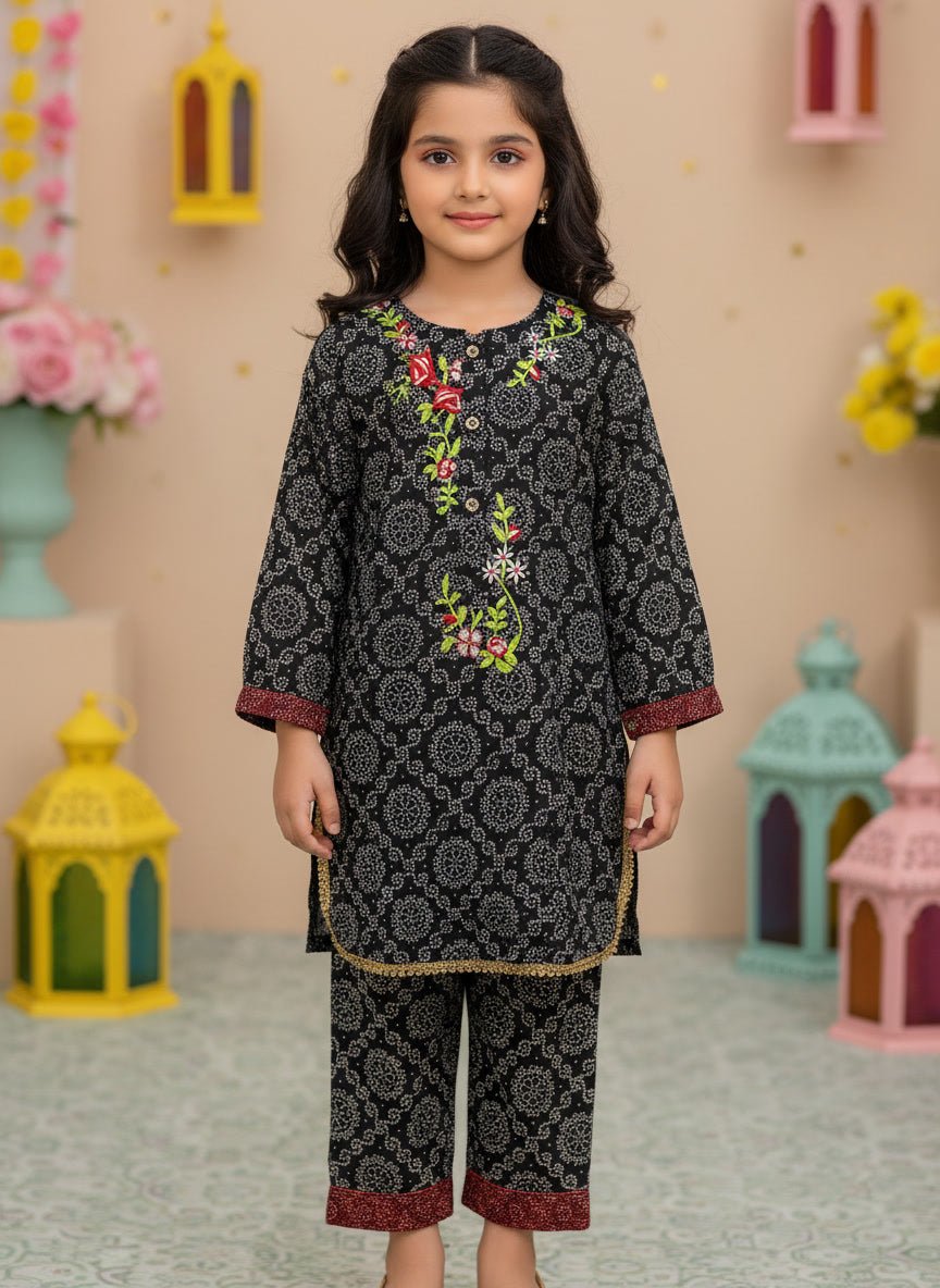 Black Printed & Embroidery Kurti Pajama (2-Piece)