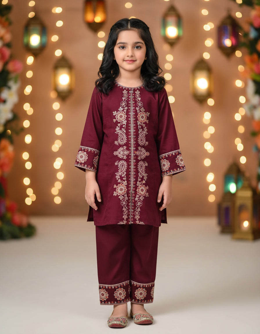 Maroon Embroidery Kurti Pajama (2-Piece)