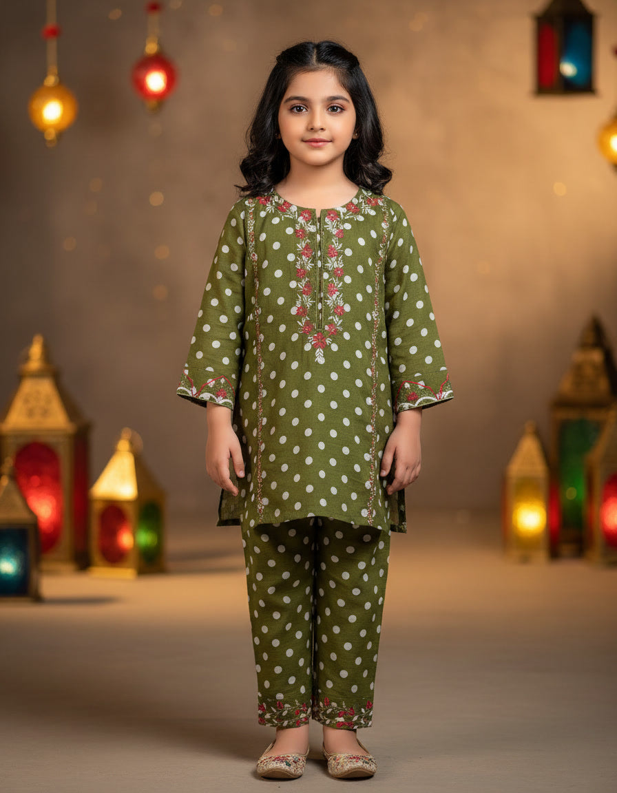 Green Polka Dot Printed & Floral Embroidery Kurti Pajama (2-Piece)
