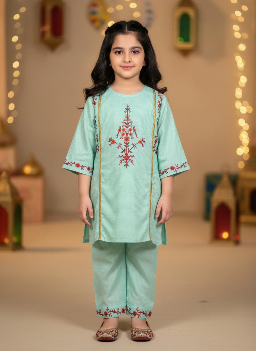Mint Green Embroidered Kurti Pajama (2-Piece)
