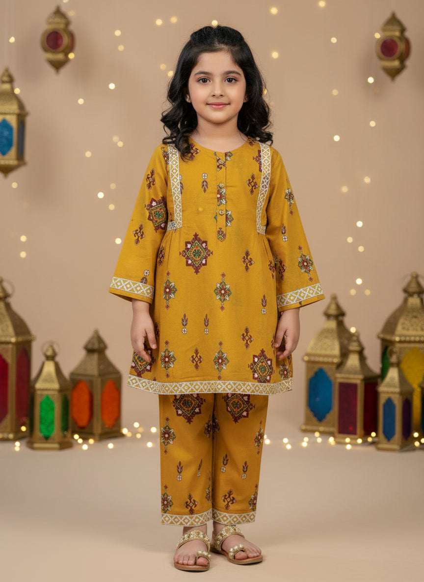 Mustard Yellow Printed Kurti Shalwar (2-Piece)