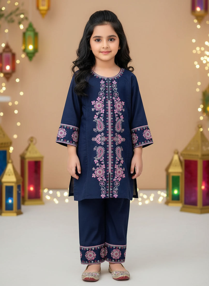 Navy Blue Floral Embroidery Kurti Pajama (2-Piece)