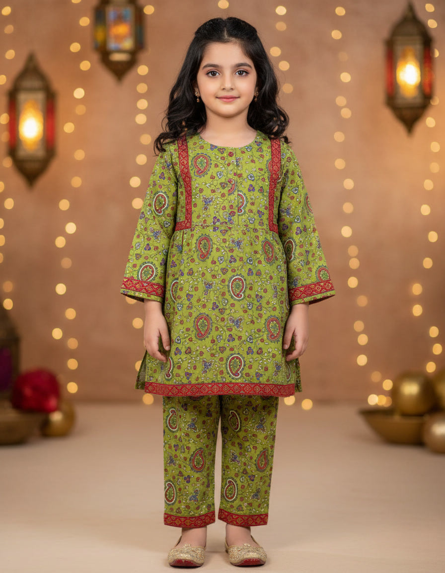 Olive Green Paisley Kurti Pajama (2-Piece)