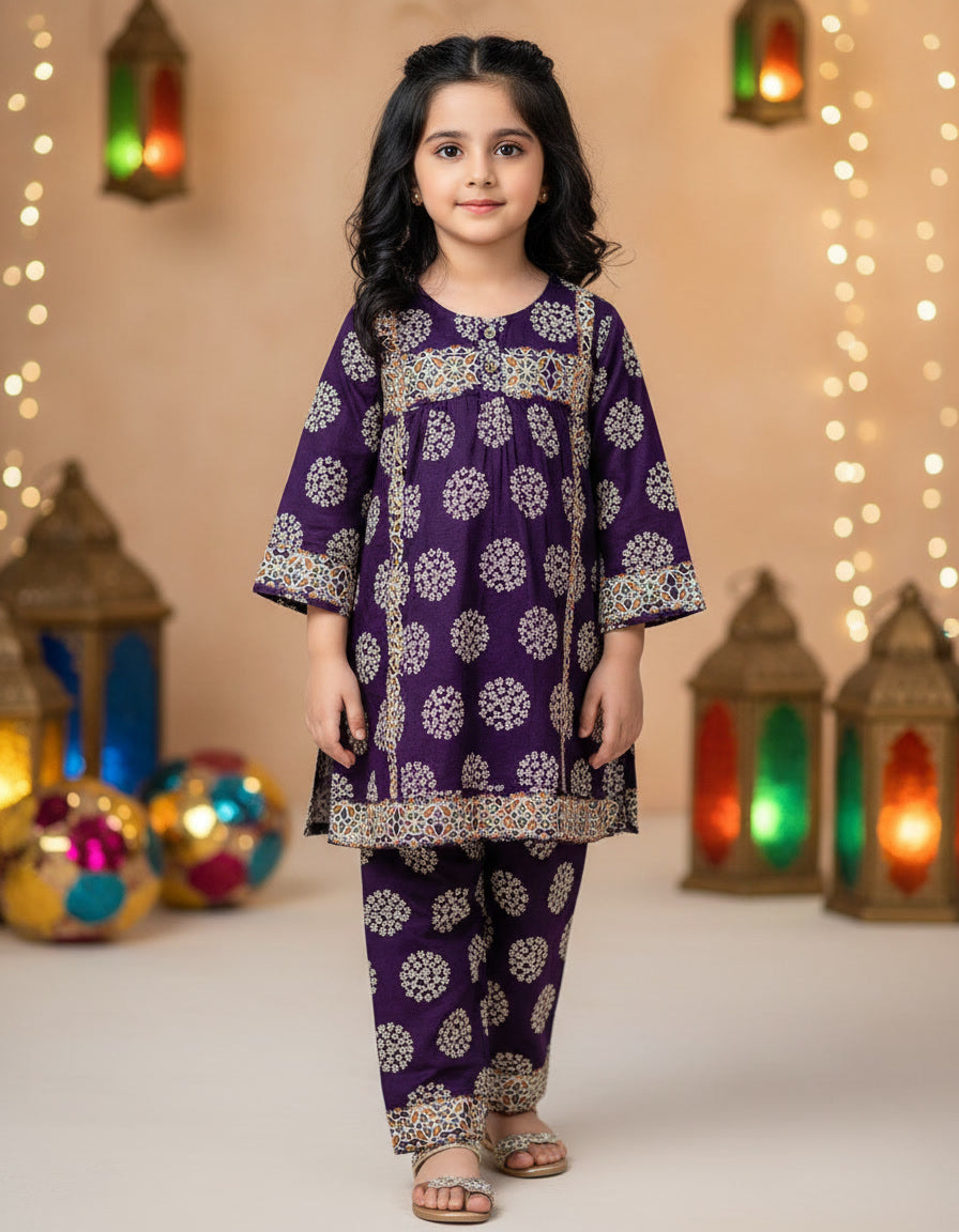 Purple Printed & Embroidery Kurti Pajama (2-Piece)