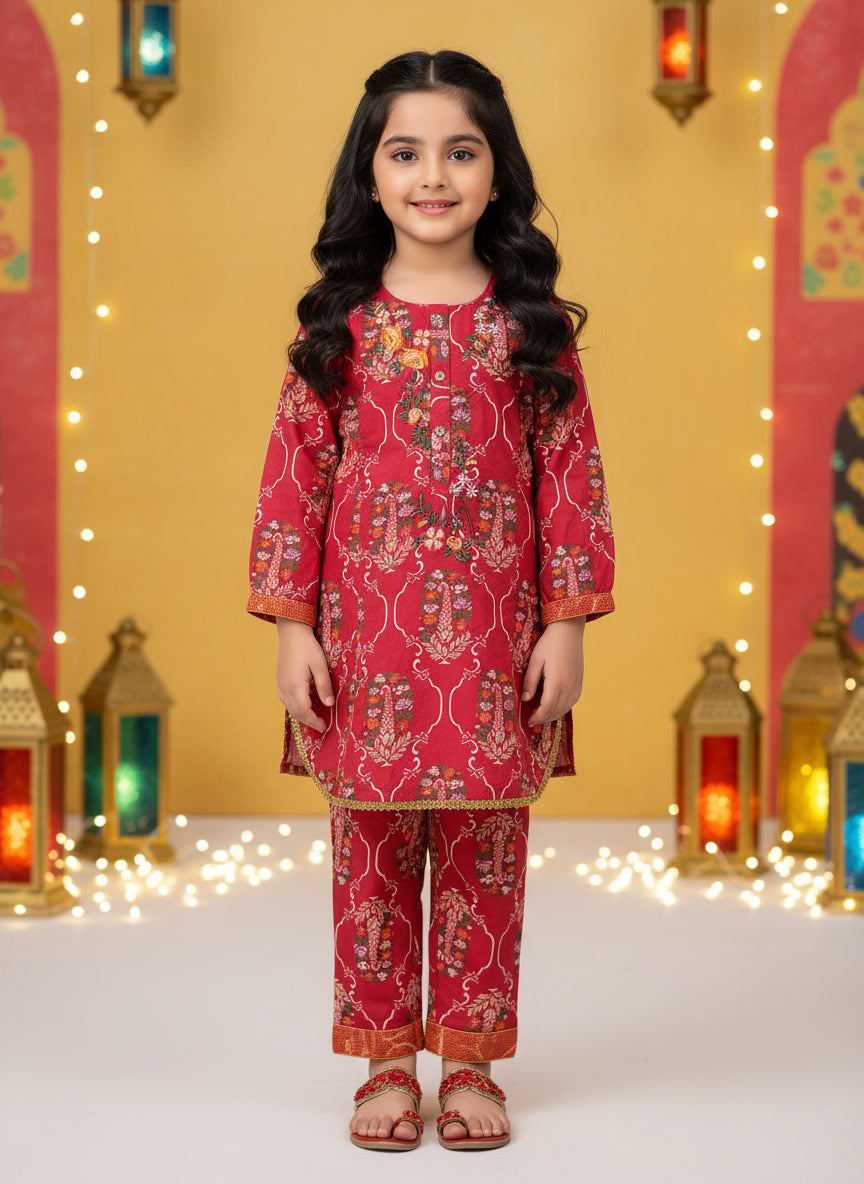 Red Printed & Floral Embroidery Kurti Pajama (2-Piece)